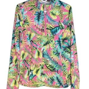 Tommy Bahama Active Women Pink Green Floral Half Zip Pullover Top Size Large